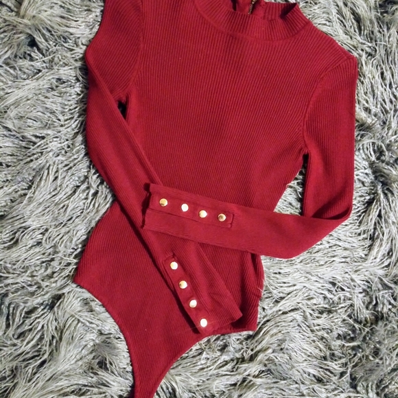 Hera Ribbed knit open back thong bodysuit Maroon M - Picture 3 of 7